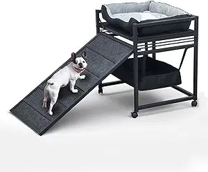 Movable Structure Pet Stairs Ramp with seat Mate Cats/Dogs Chair with ramp high beds, Folding Pet Steps for Large, Medium and Small Dogs, Cat Ladder, with Storage Cabinet