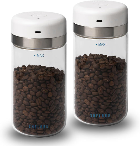 SHELBRU Smart Coffee Container & Food Storage w\/Electric Vacuum Seal, Airtight Coffee Canister for Whole & Ground Bean Storage, Durable Borosilicate Glass Jar, Charging Cable Included, 10.5oz \/ 250g