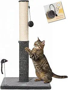 Happi N Pets 29.5" Tall Cat Scratching Post, Cat Scratcher for Indoor Cats, Sisal Scratch Post & Carpet Post in One, Stable Cat Scratch Post with Two Toys, Extra Free Toy, Smokey Gray