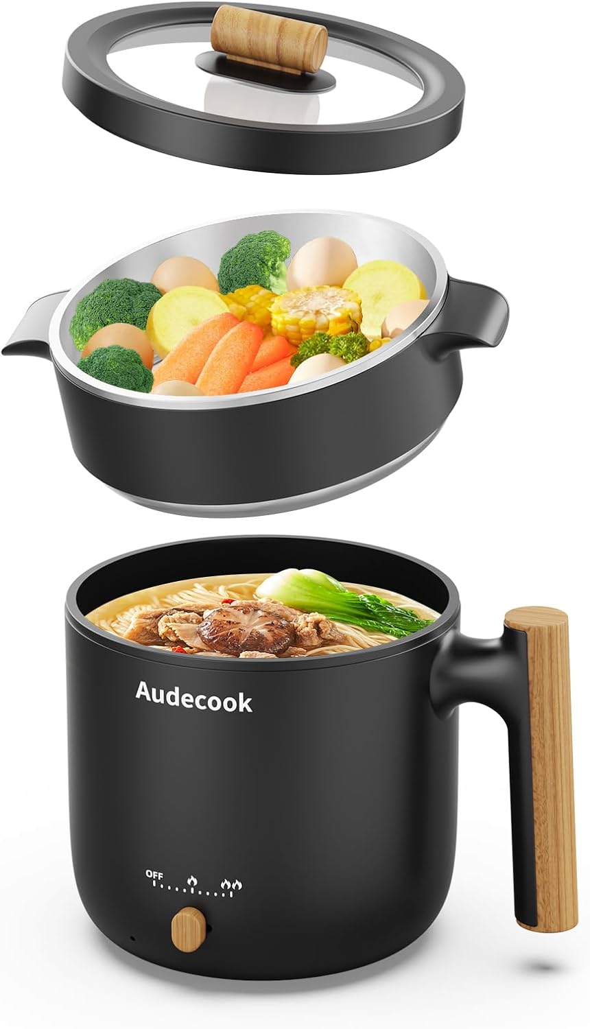 Audecook Hot Pot Electric with Steamer, 1.8L Portable Mini Travel Cooker, Multifunctional Non-Stick Electric Skillet for Stir Fry\/Stew\/Steam, Perfect for Ramen Noodles\/Pasta\/Egg\/Soup\/Oatmeal(Black)