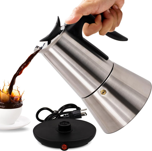 Vaolvpant Electric Stainless Steel Moka Pot 6 Cup 300ml Mocha Pot Espresso Maker with Detachable Base Ideal Coffee Maker for Home Italian and Cuban Café Coffee maker Espresso maker Coffee Pot