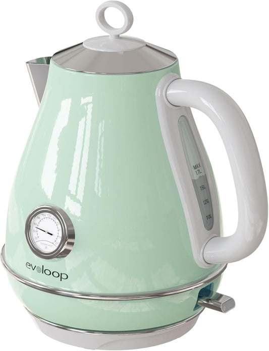 Evoloop Electric Tea Kettle, 1500W \/1.7 Liter Hot Water Boiler Heater Pot, Retro Electric Kettle with Thermometer, Auto Shut-Off & Boil-Dry Protection, BPA Free,Stainless Steel Teapot