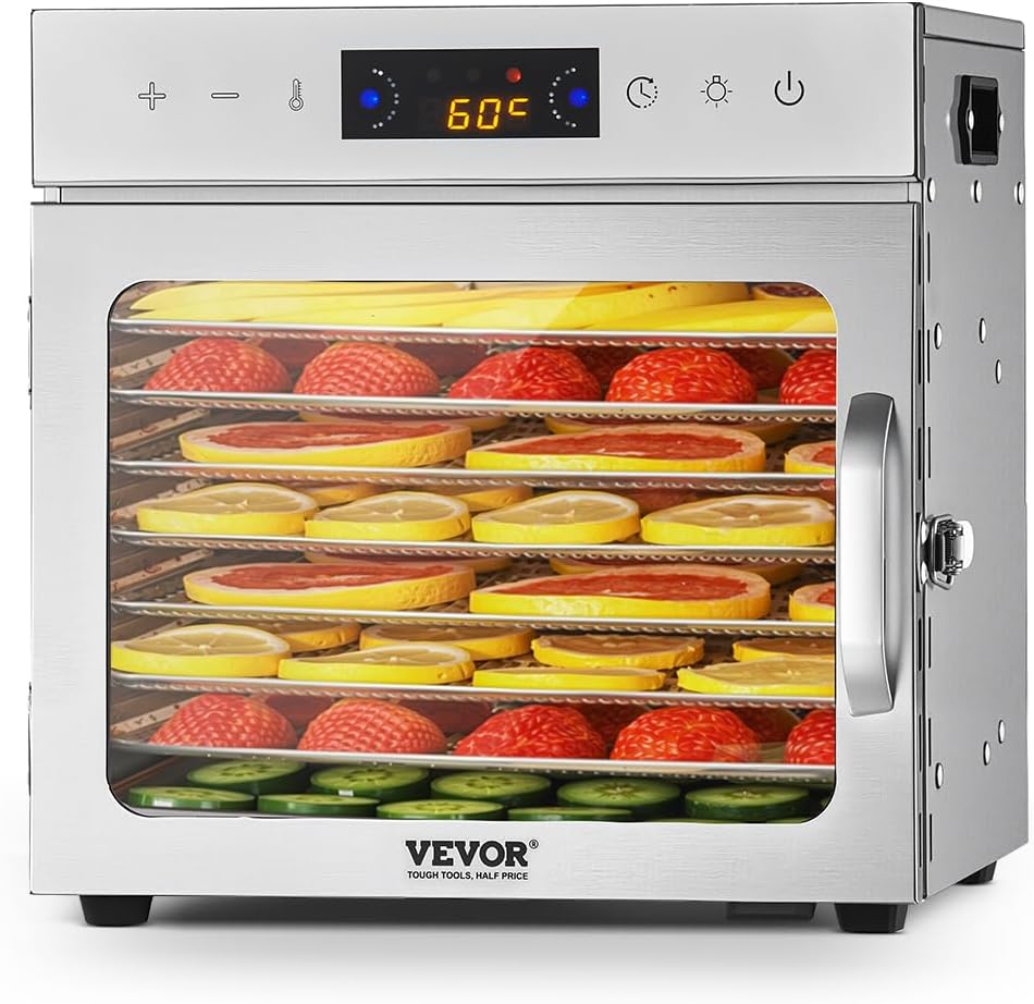 VEVOR Food Dehydrator Machine, 8 Stainless Steel Trays, 400W Electric Food Dryer with Adjustable Temperature & 24-Hour Timer, Food Dehydrator for Jerky, Meat, Fruit, Vegetables, Herbs, Dog Treats