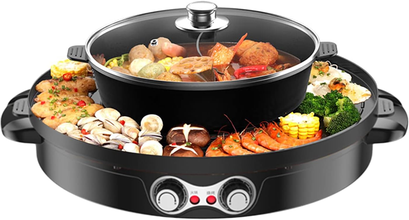2 in 1 Hot Pot with Grill, 110V 2200W Electric Hot Pot, Barbecue Grill Pot Electric Shabu for Homes, Restaurants, Picnics