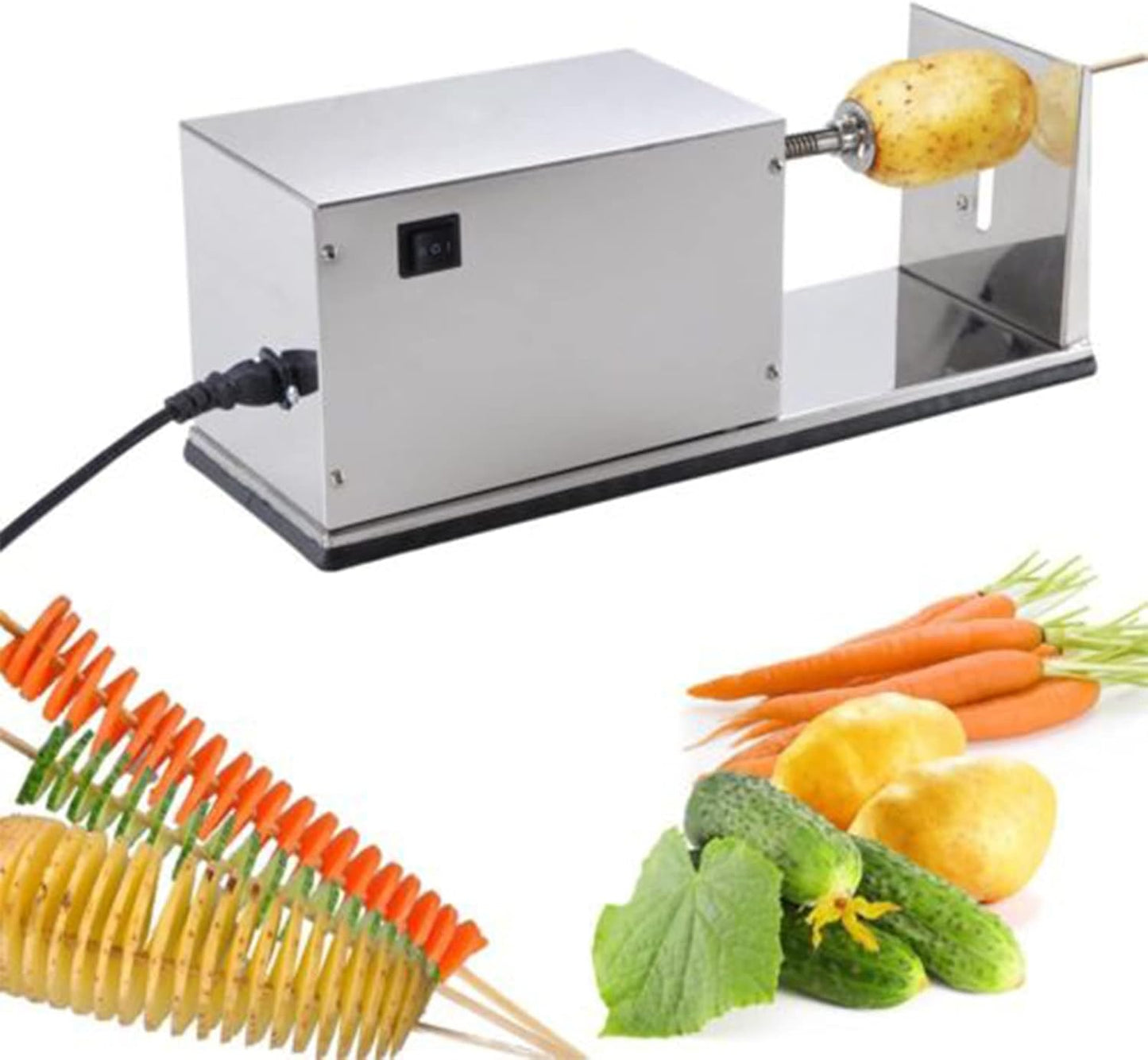 110 V Electric Potato Chips Slicer Twister Automatic Stretch Potato Slicer Stainless Steel Electric Potato Spiral Tower Machine for Home and Commercial