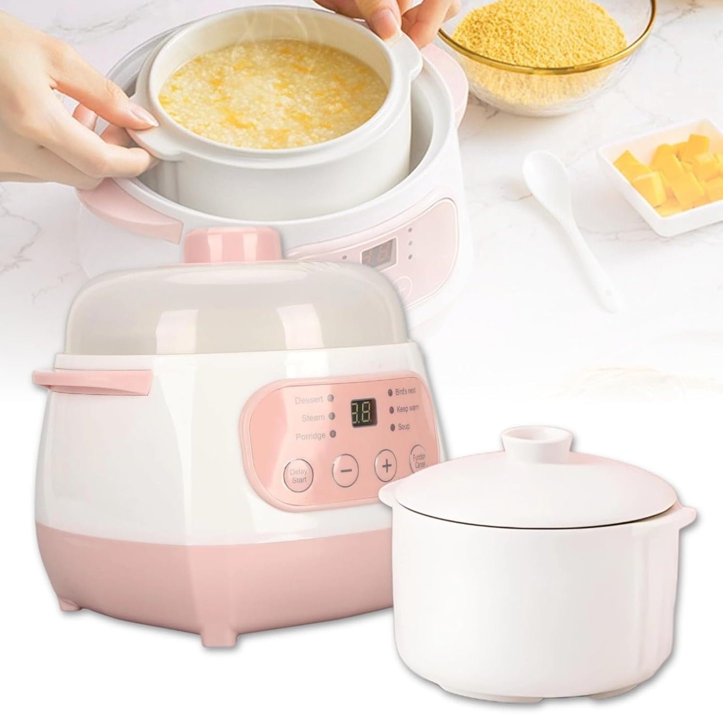1L Slow Cooker, Mini Smart Ceramic Pot Soup Porridge Cooker with Lid, Electric Stew Pot Prevent Dry Burning, Time Appointment with 24H Reservation, Kitchen Appliances for Cooking