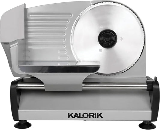 Kalorik Professional Electric Food and Meat Slicer Features Adjustable Thickness Control & Safety Pusher with Thumb Guard, Easy Clean Removable 7.5-Inch Blade, 200-Watts, Silver