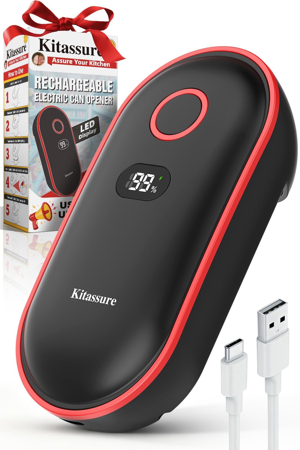 Kitassure Handsfree Smart Touch Rechargeable Electric Can Opener Easy Flex Side Cut All Can Sizes with LED Display and Smooth Edge Safety for Arthritis & Seniors, Auto Kitchen Christmas Gifts (Black)