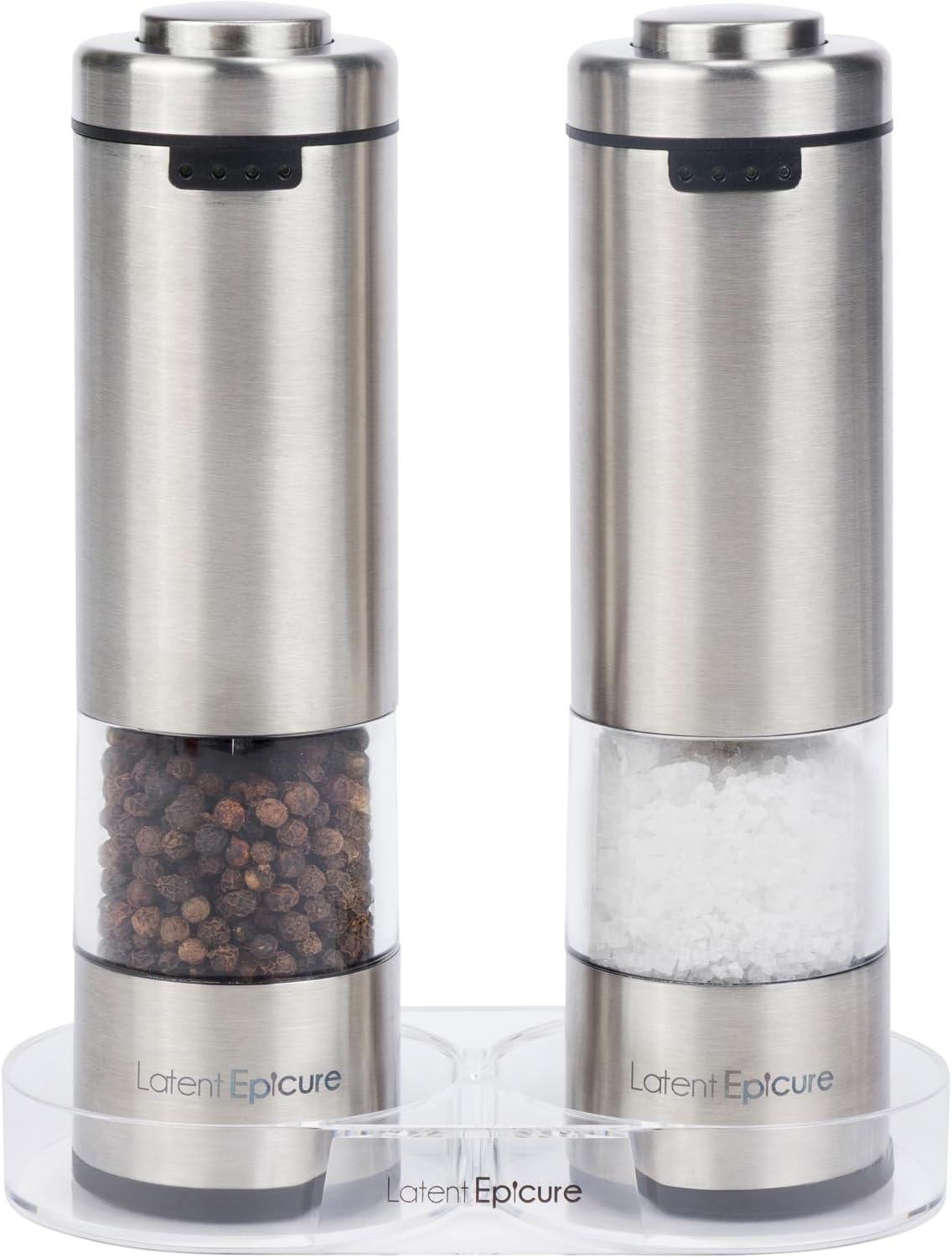 Latent Epicure Electric Salt and Pepper Grinder Set, USB-C Rechargeable Stainless Steel Mills with LED Light, Adjustable Ceramic Grinders and Acrylic Mill Rest Tray