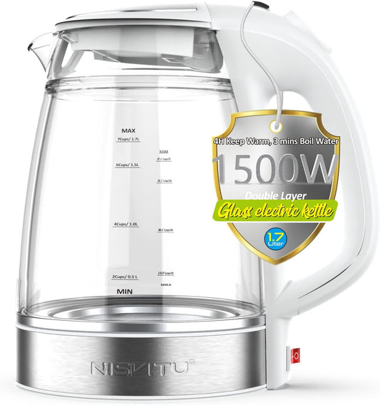 NISVITU Glass & Stainless Steel Cordless Electric kettle for boiling water, Hot water boiler Electric Tea Kettle automatic shut off Boil-Dry Protection, PC Outer + Glass Inner, 1500W, 1.7L, WH