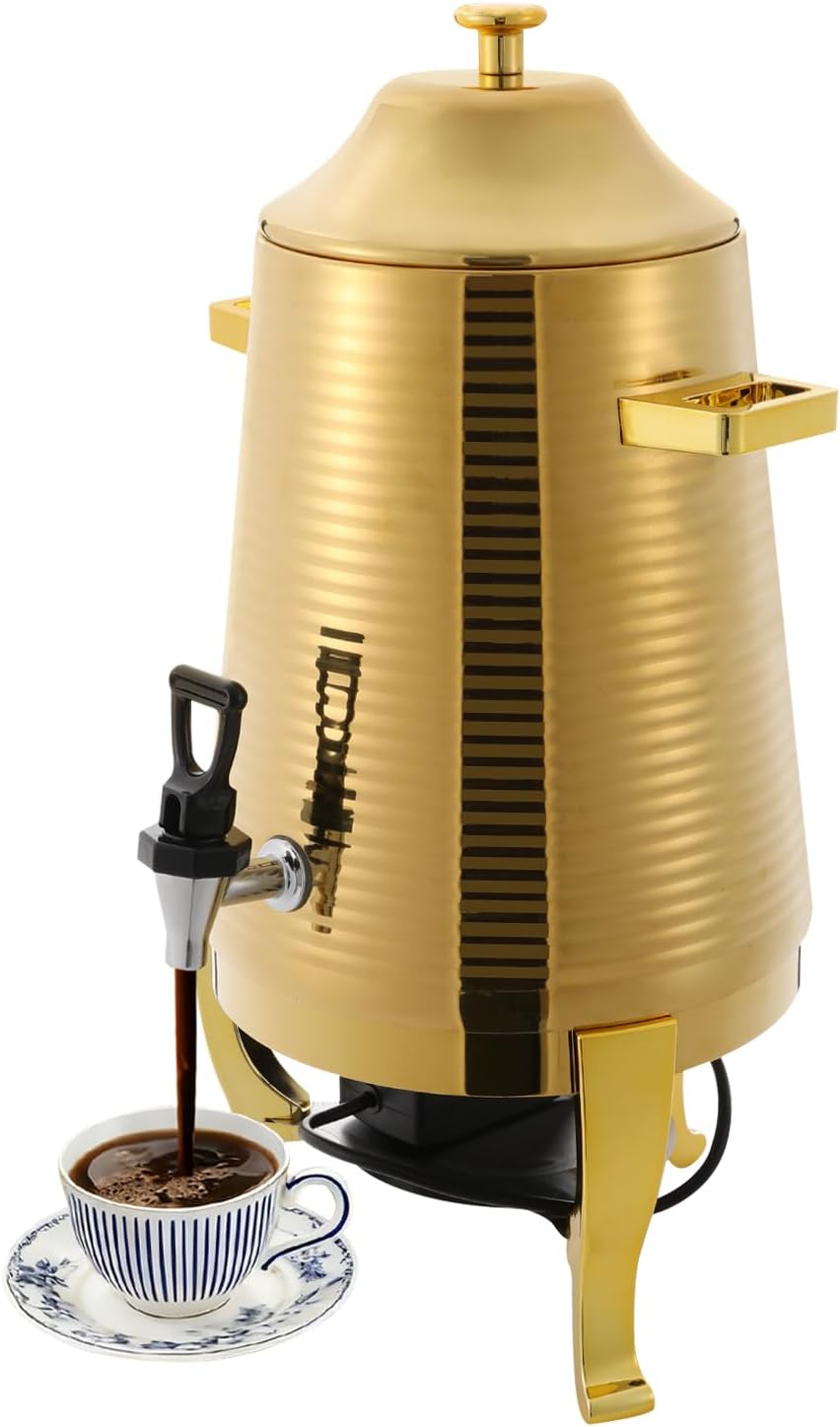 3.43 Gallon Stainless Steel Hot Beverage Dispenser, Electric & Alcohol Heating Coffee Urn with Spigot, -4-248℉ Adjustable for Milk Coffee Tea Water Juice - Parties Event Buffet Catering (Gold)