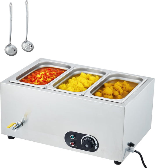 1500W Stainless Steel Commercial Steam Food Warmer with 3-Pan Bain Marie - Warming Trays for Buffets Party, Food Warmers for Parties Buffet Electric, Electric Buffet Servers and Warmers for Catering