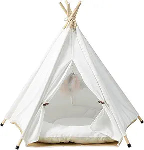 The Cat Ladies Cat Teepee - White Small Dog Tent Bed with a Soft Inner Cushion - Indoor Pet Teepee with Wooden Poles for Cats Dogs Rabbit and Bunny - with Feather Toys