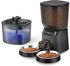 Automatic Cat Feeder and Water Fountain, 5L/20 Cups Timed Cat Dry Food Dispenser, 10s Meal Call, 20 Portions 6 Meals Per Day, 2L Cats Fountains for Drinking with Filter, Pet Feeder for Dog Black