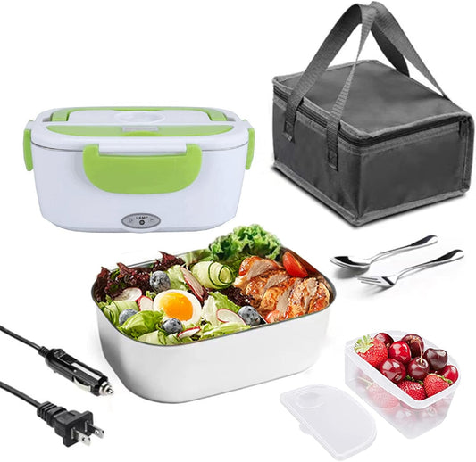 Heating Lunch Box 40W Portable Stainless Steel 110V+12V/24V Dual Power Supply Interface Stainless Steel Liner Electric Heating Insulation Home Car with Spoon And Fork
