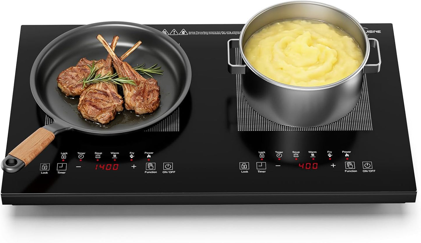 24 Inch Double Induction Cooktop, Full Touch Control, 1800W Shared Power, Low Power Continuous Heating, Portable Countertop Electric Cooker, 110–120V