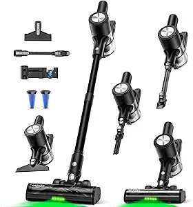 Cordless Vacuum Cleaner, 46KPa/500W Stick Vacuum with 55 Mins Runtime, Self-Standing Vacuum Cleaner for Home, LED Display, Anti-Tangle Brush, Rechargeable Vacuum for Hardwood Floor, Pet Hair (Black)