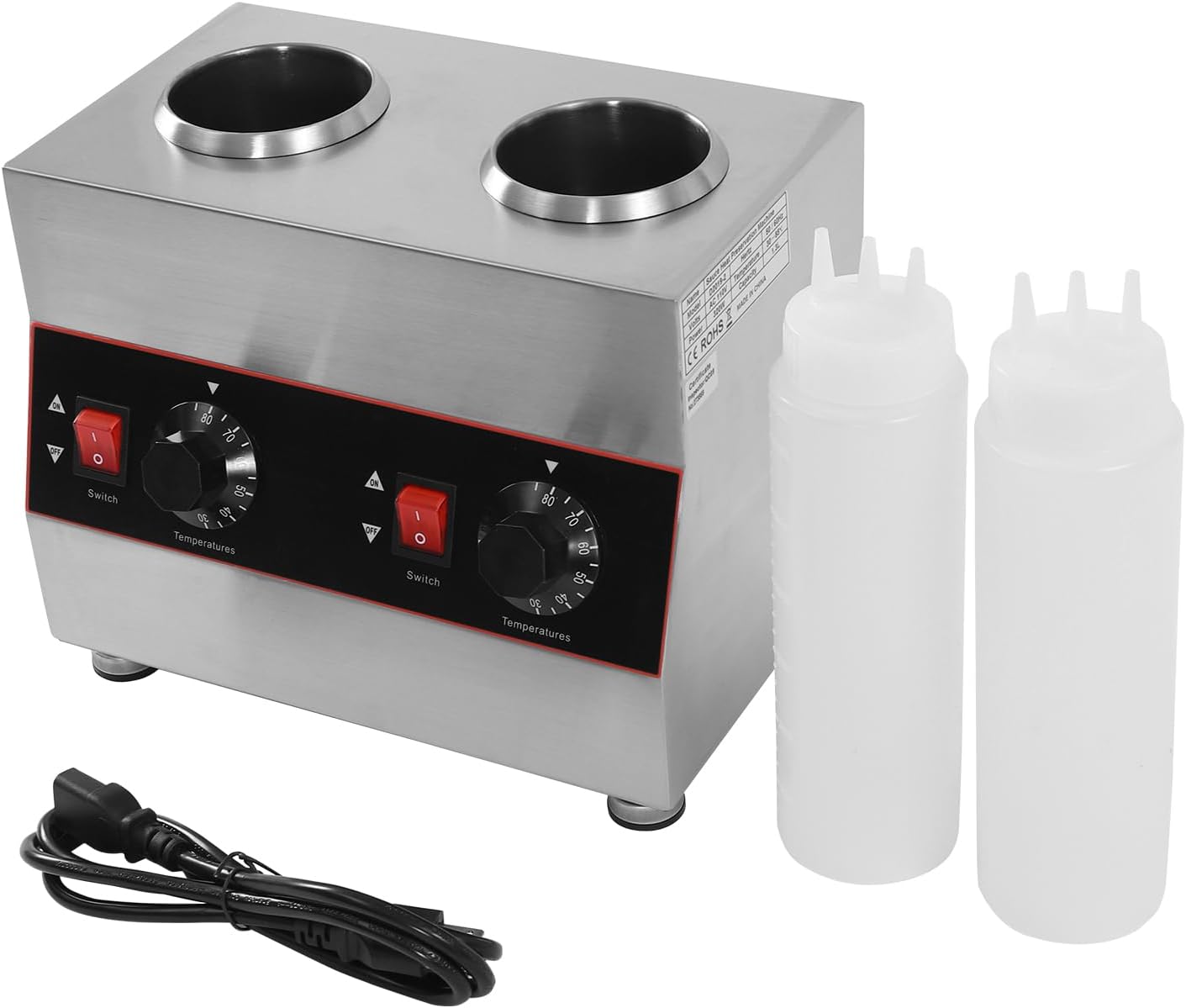 Electric Nacho Cheese Warmer Machine 2 Pot Commercial Hot Fudge Dispenser Stainless Steel Hot Chocolate Dispenser with 2 Sauce Squeeze Bottles for Cheese Caramel Jam Ketchup 320W (2 Pot)