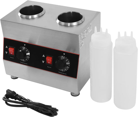 Electric Nacho Cheese Warmer Machine 2 Pot Commercial Hot Fudge Dispenser Stainless Steel Hot Chocolate Dispenser with 2 Sauce Squeeze Bottles for Cheese Caramel Jam Ketchup 320W (2 Pot)