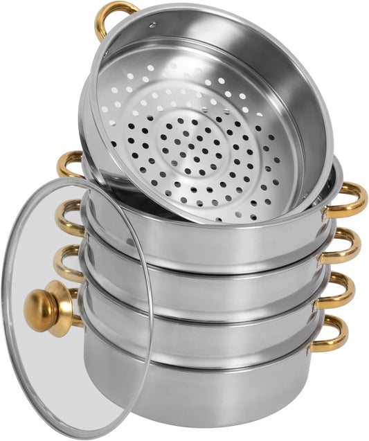 Stainless Steel Steamer Pots, Non-Stick Meat Vegetable Cooking Steam Pot Kitchen Steamer Cooker Dumpling Steamer Cookware Steaming Pots for Induction Cookers, Electric Ceramic Stoves (5-Tier, 30cm)