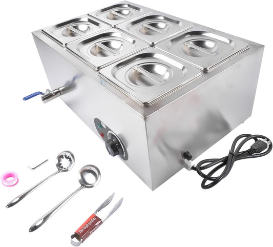 Getanye Commercial Food Warmer, 6-Pan 24QT Electric Steam Table, 1200W Professional Countertop Stainless Steel Buffet Bain Marie with 86-185°F Temp Control for Catering and Restaurants, Silver
