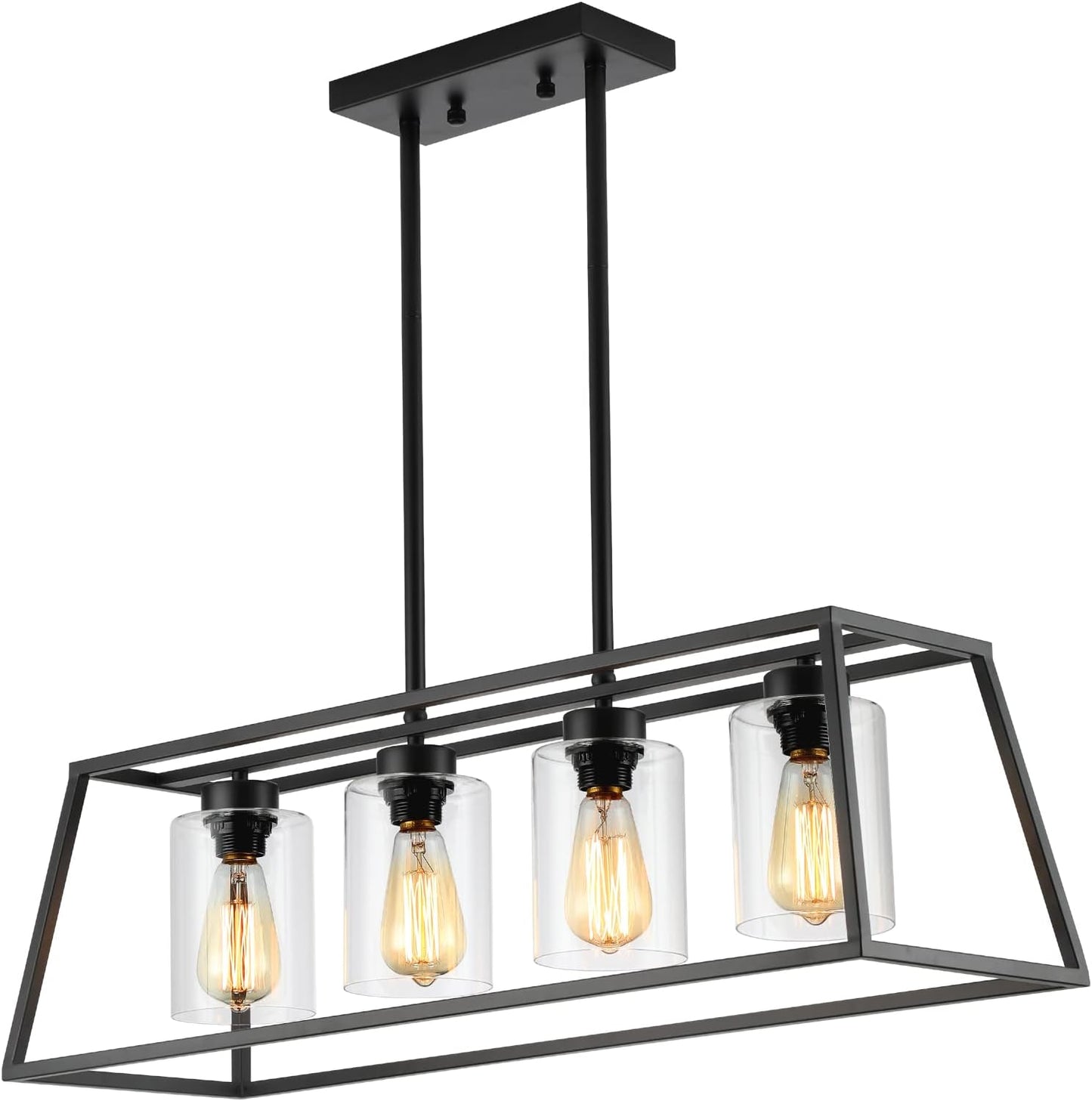 Black Farmhouse Chandeliers for Dining Room, Rustic Kitchen Island Light Fixture, 4-Lighting Linear Pendant Lamp Kitchen Island with Glass Shade ，Apply to Dining Room Light fixtures Over Table