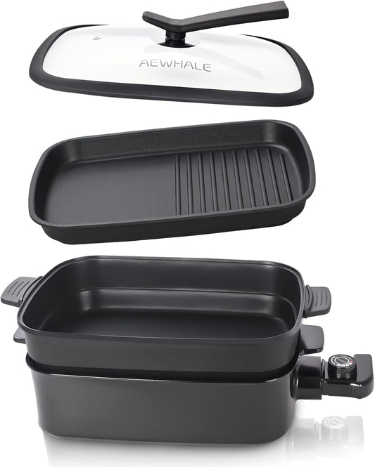 AEWHALE 2-in-1 Multifunctional Electric Grill,Indoor Smokeless Electric Griddle Electric Skillet with Removable Non-Stick Plate+Pot+Lid,1400W Adjustable Temperature Party Griddle