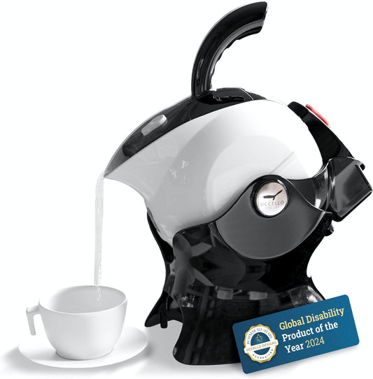 Uccello Electric Safety Kettle | Black Tipper Base Included | Effortless Pour Every Time | Daily Living Drinking Aid For Disabled and Seniors | 1.5 Liters | Black and White