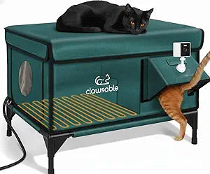Indestructible Heated Cat House with Pet Camera for Outside Winter, 100% Waterproof, Escape Door, Insulated Outdoor Cat Shelter with Heater for Feral Barn Cat Kitty (Forest Green, 25.5"x16"x18")