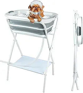 FHTONGE Elevated Dog Bathtub Grooming Station with Drain Adjustable Collar, 2 in 1 Collapsible Dogs Beautify Bathtub Portable Pet Washing Station, Pet Tub for Small Medium Dog Cat Shower Hairdressing