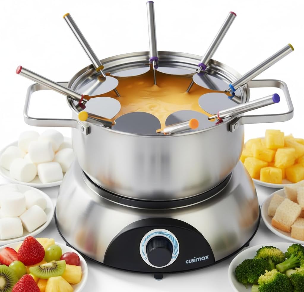 CUSIMAX Electric Fondue Set, 1500W Electric Fondue Pot with Luminous Control Dial, 8 Colour Coded Stainless Steel Forks, For Chocolate, Cheese, Broth, Oil, Stainless Steel Fondue Maker, 1.4Quart