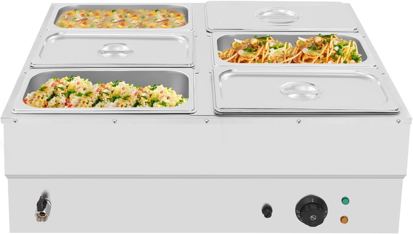 6-Pan Commercial Food Warmer, 1500W Stainless Steel Electric Buffet Warmer with Lid & Drain Valve, Countertop Steam Table Bain Marie for Parties, Catering, Restaurants & Buffet Serving