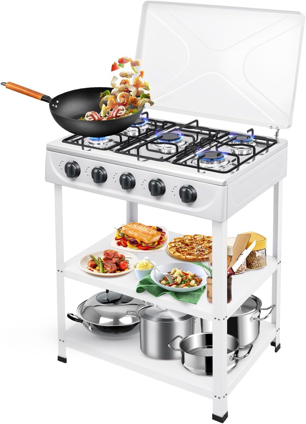 Gas Stove | Electric Stove Top | 5-Burner Natural Gas Stove | 2.5KW per Burner | Heavy-Duty Iron & Aluminum Construction | Portable for Kitchen,Camping & RV | Includes Wind Cover & Side Tables (White)
