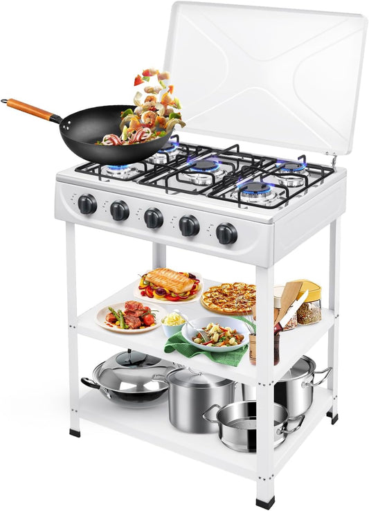 Gas Stove | Electric Stove Top | 5-Burner Natural Gas Stove | 2.5KW per Burner | Heavy-Duty Iron & Aluminum Construction | Portable for Kitchen,Camping & RV | Includes Wind Cover & Side Tables (White)