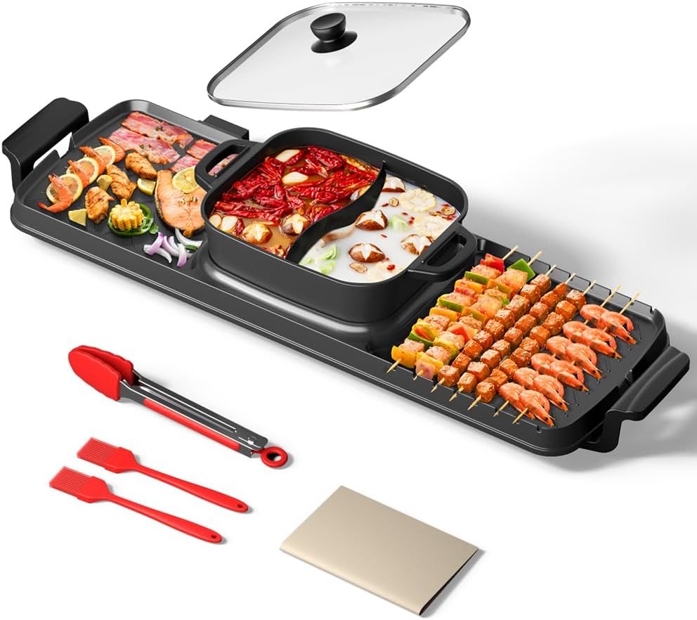 AORAN Smokeless Electric Hot Pot & Grill Combo, Large 9.5"x29" Non-Stick Design, 3 Adjustable Heat Levels, Easy to Clean，Includes Brushes, Tongs & Paper