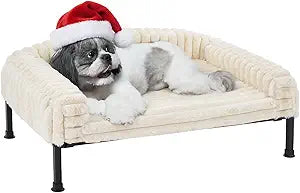 Veehoo Elevated Dog Bed with Bolster Cushion, Fluffy Plush Dog Couch Beds for Small Dogs, Cats, Washable Raised Pet Cot with Non-Slip Feet for Indoor or Patios Use, 30 x 20 Inches, White
