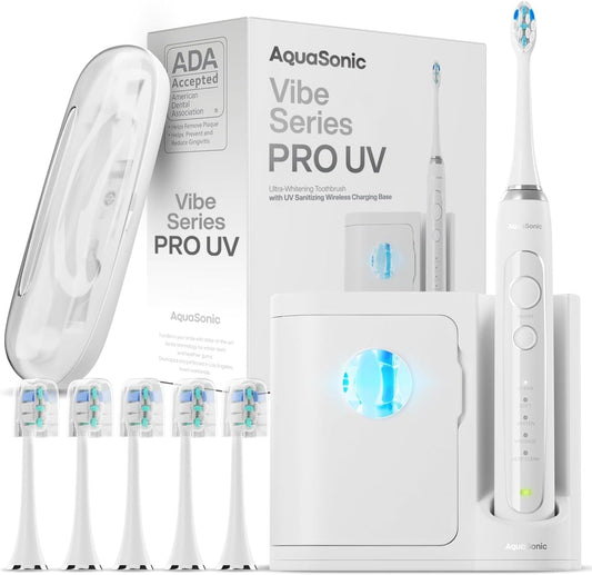Aquasonic Vibe Series PRO \u2013 Ultra-Whitening Electric Toothbrush \u2013 5 Modes & Smart Timers \u2013 UV Sanitizing Base \u2013 ADA Accepted (Optic White)