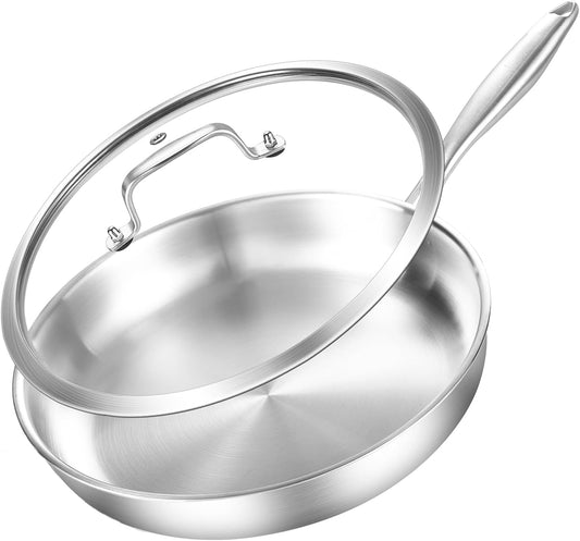 DELARLO Stainless Steel Pan 10.3Inch, Triply Stainless Steel Frying Pan with Lid, Heavy Duty, Compatible with Induction, Gas and Electric up to 650℉, Fast & Even Heating, Dishwasher, Oven Safe Skillet
