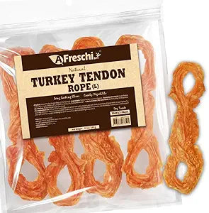 A Freschi srl Turkey Tendons for Dogs, USA-Sourced, Healthy Dog Treats, Rawhide-Free Puppy Chews, Long Lasting, All Natural, Hypoallergenic Dog Treats for Large Breeds, 10 oz Pack Rope (L)