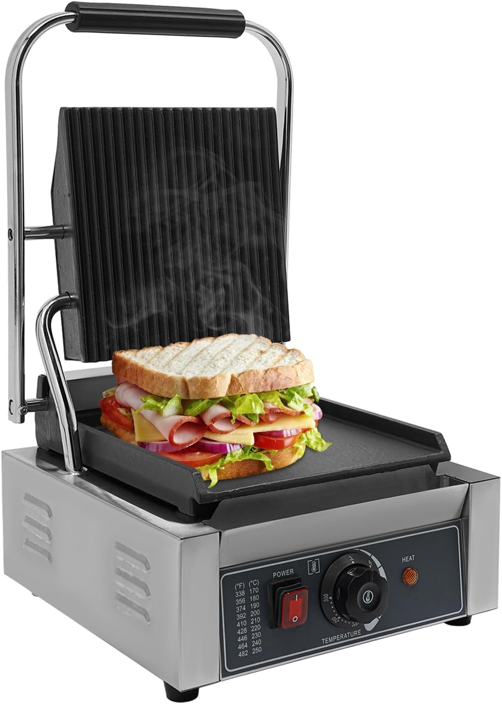 1800W Electric Sandwich Panini Press Grill, 110V Commercial Panini Press Sandwich Maker Machine 122°F-572°F Double-sided Heating Non-Stick Half Grooved Plates for Paninis Hamburgers Steaks Bacons