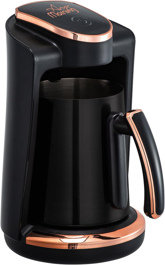 Any Morning Turkish & Greek Coffee Maker-Machine, 1 to 4 Cups Capacity, 100% BPA Free, 400W Electric Coffee Pot with Cook Sense Technology, Anti-Spill Design, Authentic Foamy Brew, Black