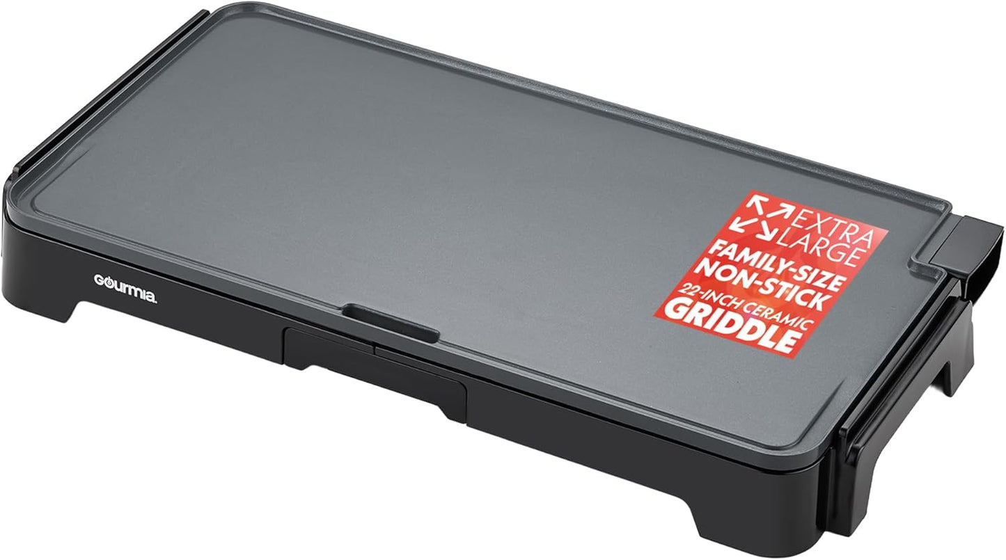Gourmia 22 Inch XL Electric Griddle Pan - Nonstick Extra Large Flat Top Ceramic Surface, Countertop Cooker, Adjustable 200°F–400°F, Pull-Out Drip Tray, Compact Handle-Free Design