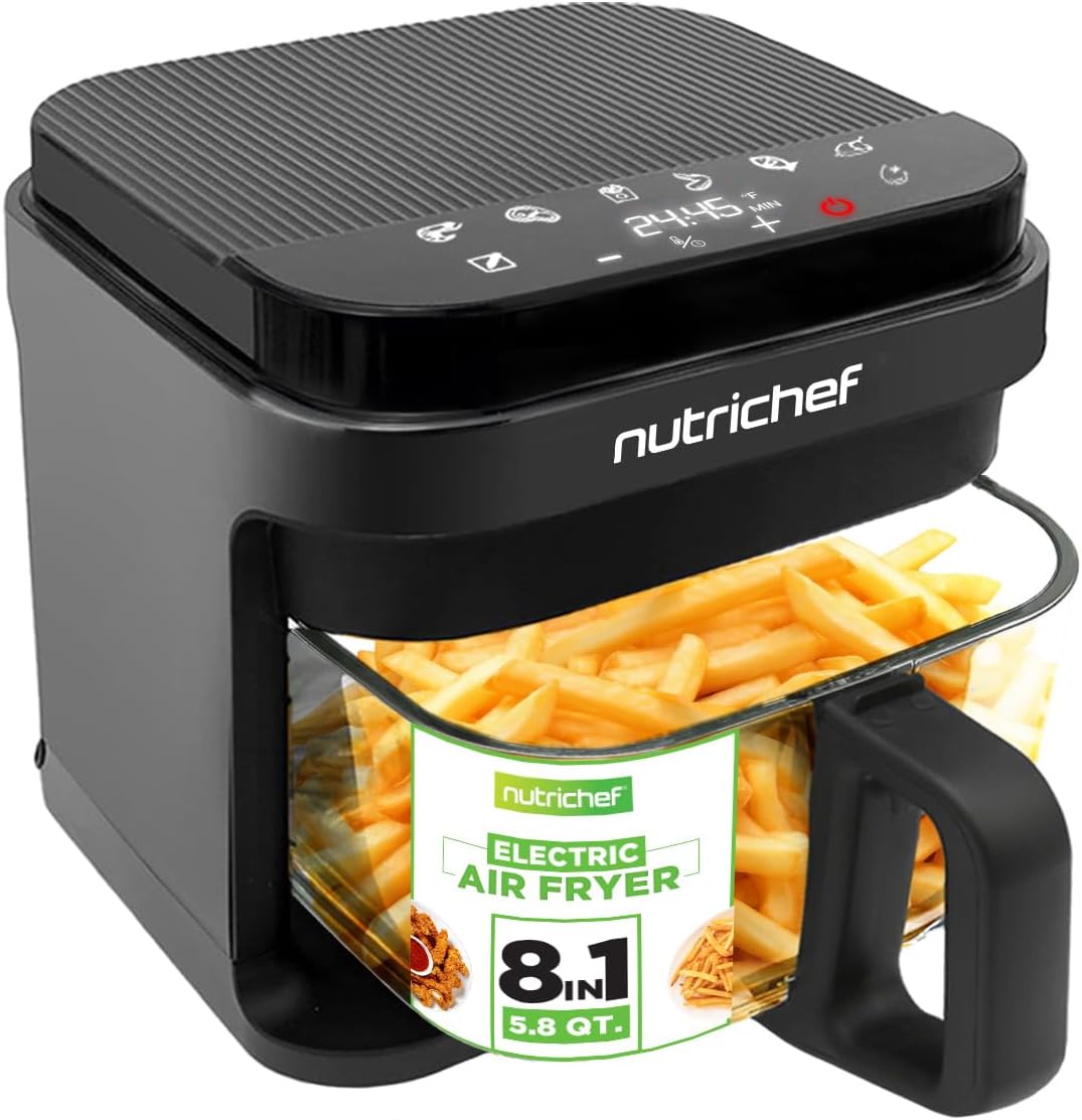 Nutrichef 5.8 Quart Air Fryer | 8-1 Preset Cook Modes | Transparent Fry Bowl for Best Cooking Results | Cook Shrimp, Steak, Fries, Wings, Chicken & More | Precise Temperature Control & Time | Grey