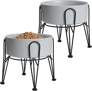Elevated Dog Bowls, Ceramic Raised Dog Bowl Set with Anti-Slip and Non-Tip Metal Stand, 2 Pack Pet Food and Water Feeding Bowls for Small and Medium Dogs (Gray,7.6 Cups)