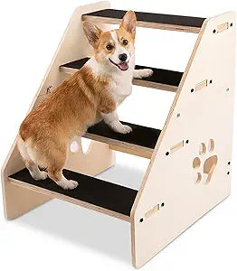 Dog Stairs Ramp, Wooden 4-Step Dog Ramp for Small/Medium/Older Dogs and Cats, Non-Slip Pet Ladder for High Beds, Sofas, Bay Windows
