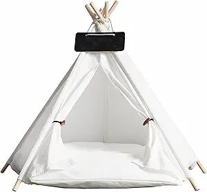 Cat Teepee Tent Bed,Outdoor Indoor Dog House,Portable Washable Pet Tent for Small Dogs with Cushion,Inside Pet Teepee for Small Medium Animals (White, M)