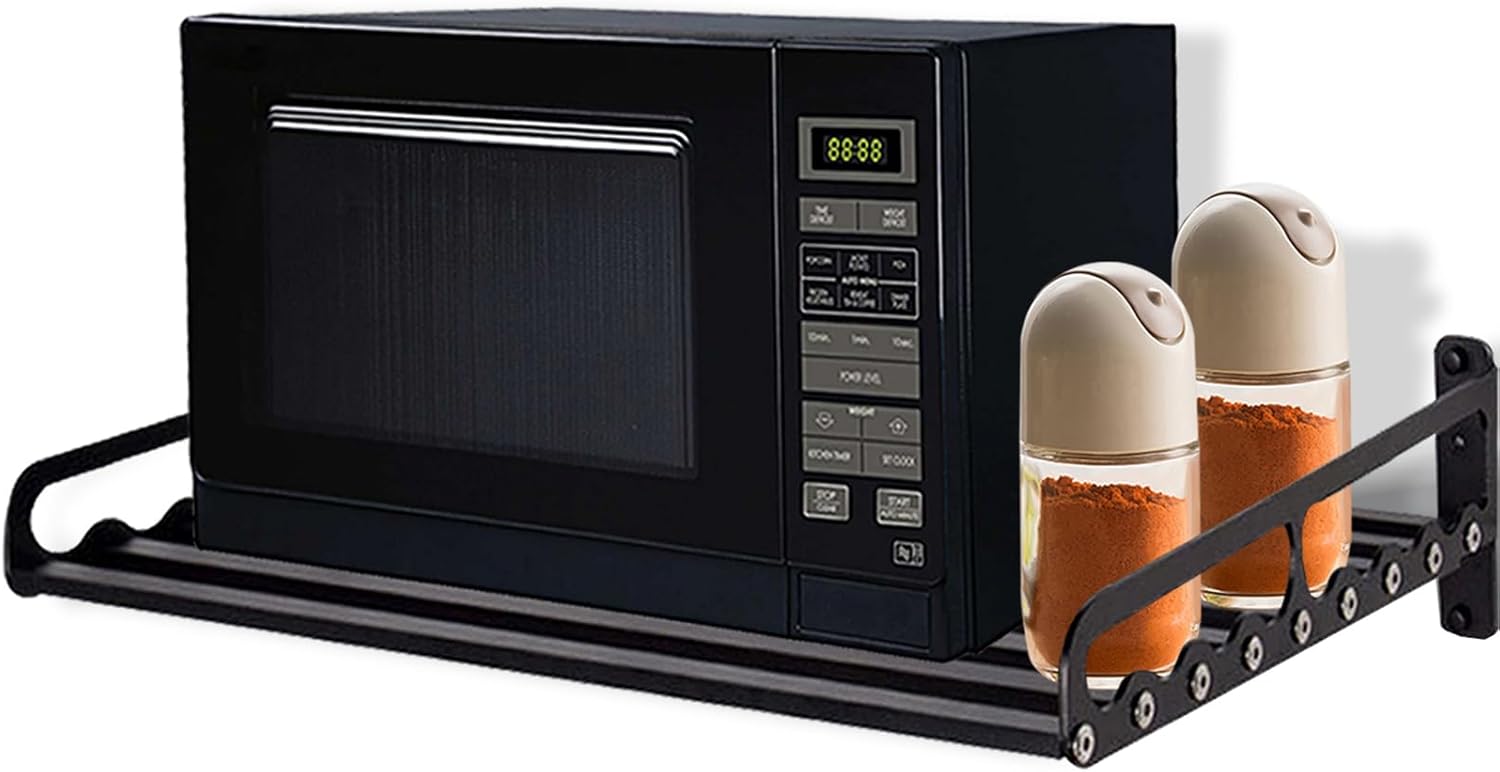 20”x15.6”Black Microwave Oven Rack,Wall Mounted Microwave Rack, Metal Shelving Heavy Duty Commercial or Household Grade, Space Aluminum Bracket for Electric Oven Microwave