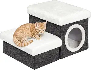 B FSOBEIIALEO Cat House Pet Stairs for Beds Sofa, Foldable Dog Steps 2-Tier With Storage Toy Box, Small Indoor Pet Steps Grey 15.7x12.6x12.6 Inches