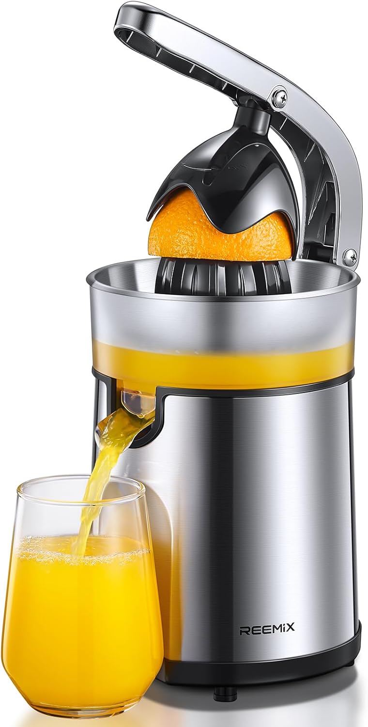 Reemix Electric Citrus Juicer - Orange, Lemon, Grapefruit Juicer with Stainless Steel Body & Transparent Juice Collector, Easy to Use for Fresh Squeezed Juice at Home​​