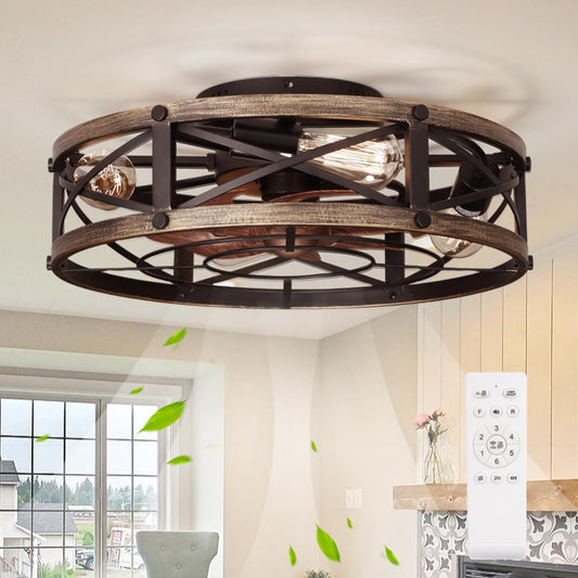 SHLUCE 19" Farmhouse Flush Mount Caged Ceiling Fans with Lights, 6 Speeds, Rustic Low Profile Ceiling Fan with Light and Remote, Small Bladeless Ceiling Fans with Lights for Kitchen, Bedroom - ETL
